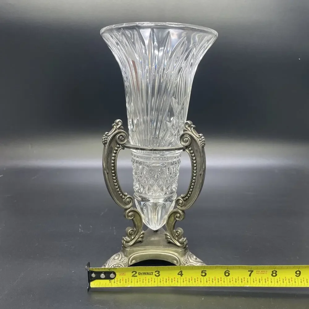 Vintage Godinger Shannon Crystal Vase 11” Cut Glass w/Silver Plated Ornate Stand
